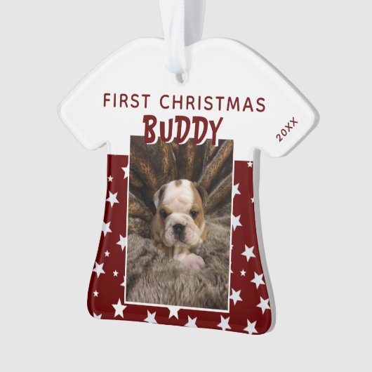 Eerste kerstfoto van Red Star Pattern Puppy Dog Ornament (voorkant)