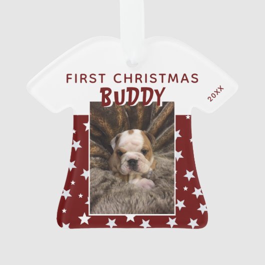 Eerste kerstfoto van Red Star Pattern Puppy Dog Ornament (achterkant)