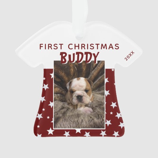 Eerste kerstfoto van Red Star Pattern Puppy Dog Ornament (voorkant)