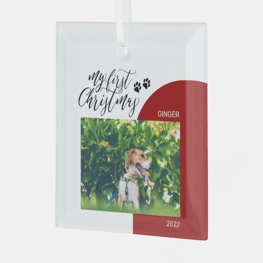 Eerste kerstfoto van rode en zwarte puppy Paw Glas Ornament (Voorkant links)