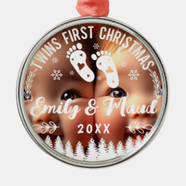 Eerste kerstfoto van tweeling metalen ornament