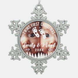 Eerste kerstfoto van tweeling tin sneeuwvlok ornament
