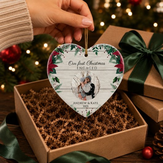 Eerste kerstfoto van verloofd stel keramisch ornament