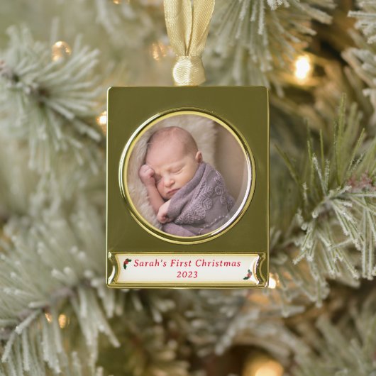 Eerste kerstfoto verguld banner ornament (Boom)