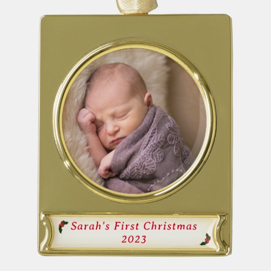 Eerste kerstfoto verguld banner ornament (Voorkant)