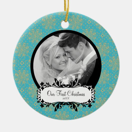 Eerste kerstfoto voor annament Elegant Snowflakes Keramisch Ornament (Voorkant)