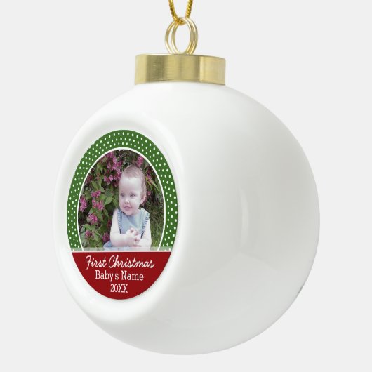 Eerste kerstfoto voor baby: rood en groen keramische bal ornament (Rechts)