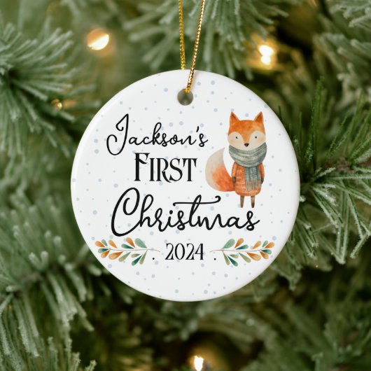 Eerste kerstfoto Waterverf Fox Keramisch Ornament (Boom)