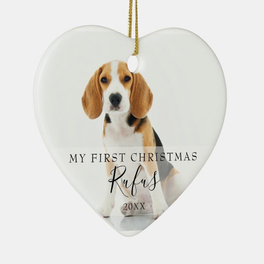 Eerste kerstfoto's Modern Script Heart Keramisch Ornament (Rechts)