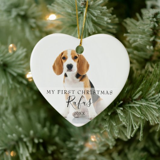Eerste kerstfoto's Modern Script Heart Keramisch Ornament (Boom)