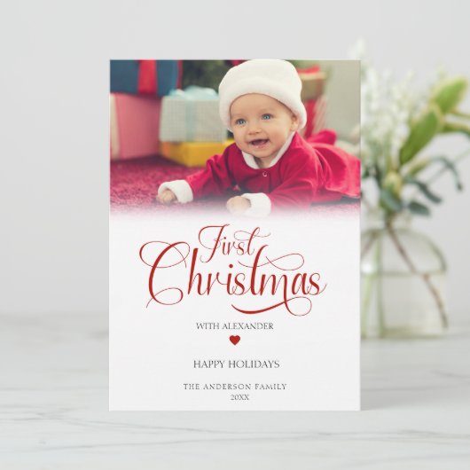 Eerste kerstfotoscript Heart Feestdagenkaart (Staand voorkant)