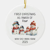 Eerste kerstgezin van vier 4 sneeuwmannen vakantie keramisch ornament (Voorkant)