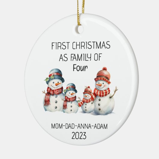 Eerste kerstgezin van vier 4 sneeuwmannen vakantie keramisch ornament (Links)