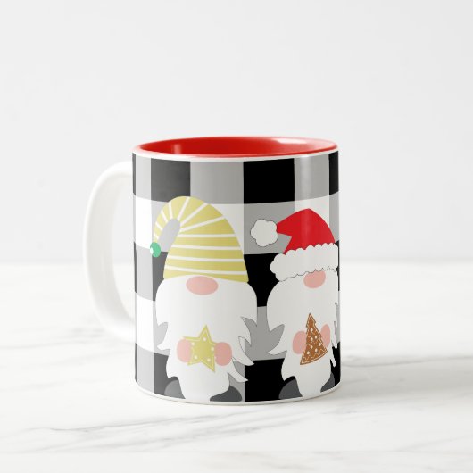 Eerste kerstgnomen met buffelcheque tweekleurige koffiemok (Voorkant links)