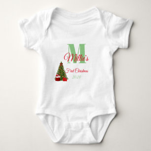 Eerste kerstgroen rood bewerkbaar monogram romper