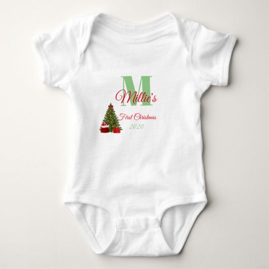 Eerste kerstgroen rood bewerkbaar monogram romper (Voorkant)