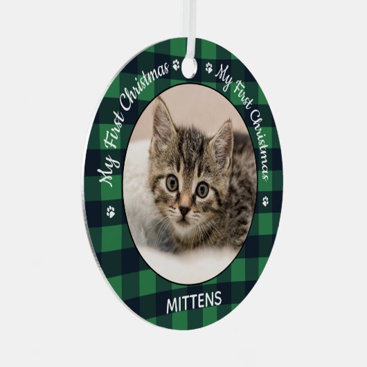 Eerste kerstgroene foto van Pset Kitten Cat Pet Metalen Ornament (Voorkant Rechts)