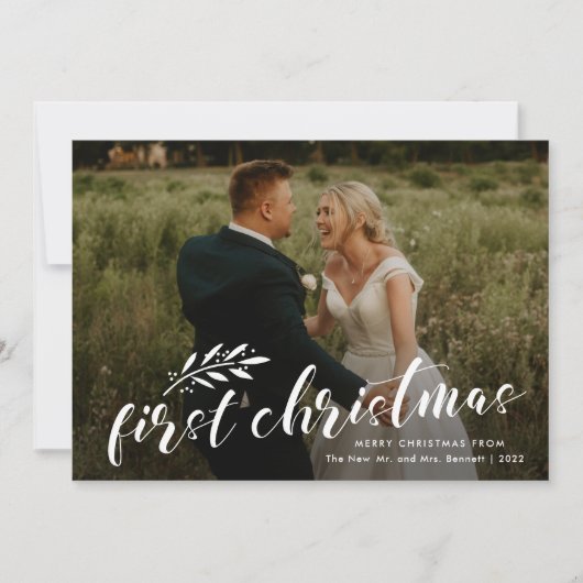 Eerste kersthandgeschreven bruiloft foto feestdagenkaart (Voorkant)