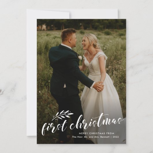 Eerste kersthandgeschreven bruiloft foto feestdagenkaart (Voorkant)