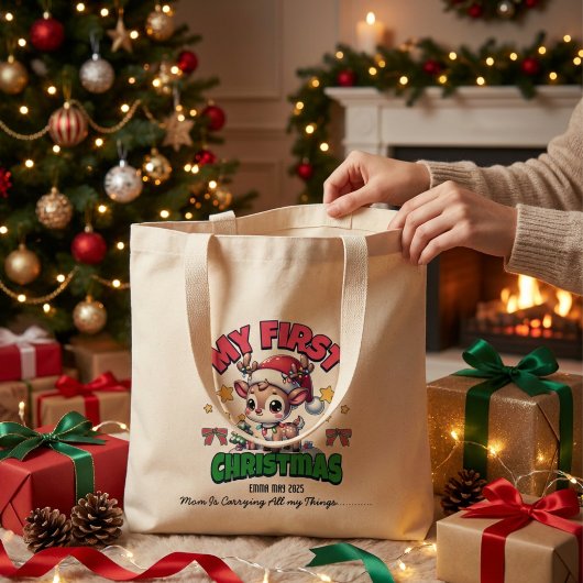 Eerste Kersthert Bruin Personaliseer Grote Tote Bag