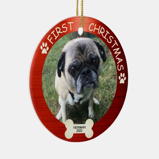 Eerste kersthond Rood Keramisch Ornament (Rechts)