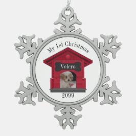 Eerste kersthond Upload Photo Dog House w Bone Me Tin Sneeuwvlok Ornament