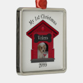 Eerste kersthond Upload Photo Dog House w Bone Metalen Ornament (Rechts)