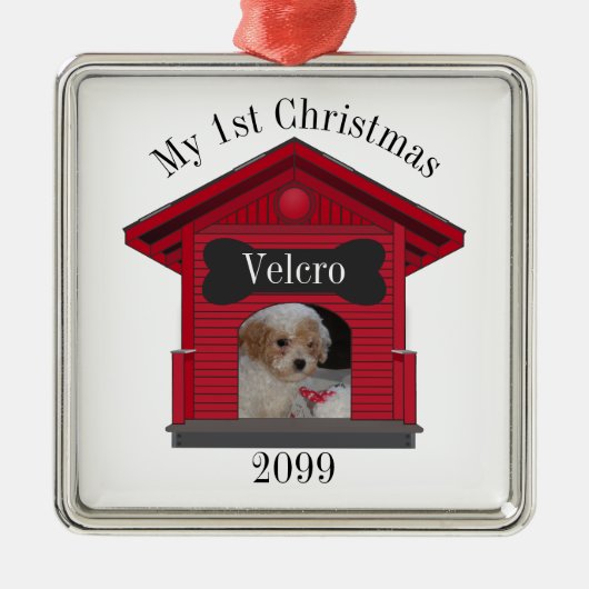 Eerste kersthond Upload Photo Dog House w Bone Metalen Ornament (Voorkant)