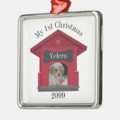 Eerste kersthond Upload Photo Dog House w Bone Metalen Ornament (Links)