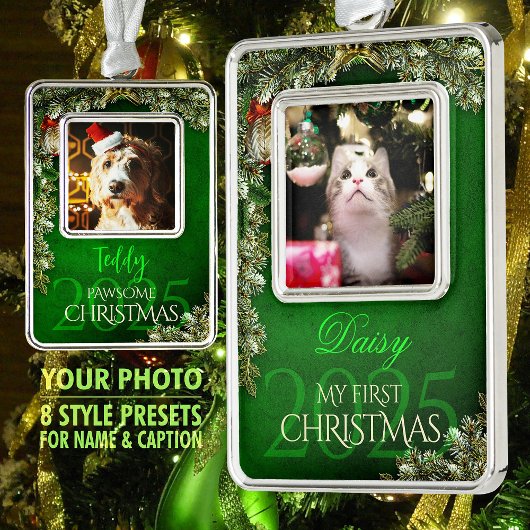 Eerste Kersthuisdier Foto Aandenken, Groene Decora Verzilverd Omlijst Ornament