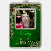 Eerste Kersthuisdier Foto Aandenken, Groene Decora Verzilverd Omlijst Ornament (Voorkant)