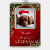 Eerste Kersthuisdier Foto Aandenken, Rood Decor - Verzilverd Omlijst Ornament (Voorkant)