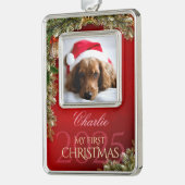 Eerste Kersthuisdier Foto Aandenken, Rood Decor - Verzilverd Omlijst Ornament (Links)