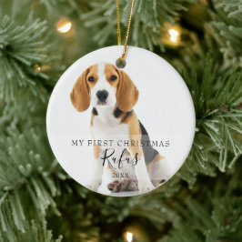 Eerste kersthuisdierfoto's keramisch ornament