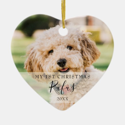 Eerste kersthuisdierfoto's modern script keramisch ornament (Voorkant)