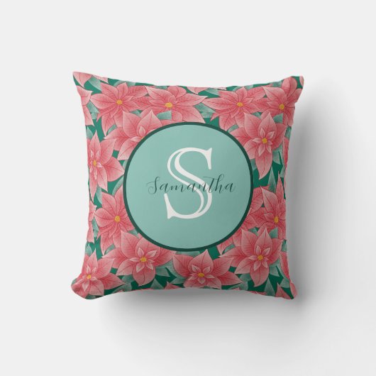 Eerste kerstinsettia gepersonaliseerd monogram kussen (Voorkant)