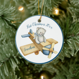 Eerste kerstjongen Blue Waterverf Beer Keramisch Ornament