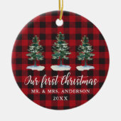 Eerste kerstkalligrafie Waterverf Pines Play Keramisch Ornament (Voorkant)