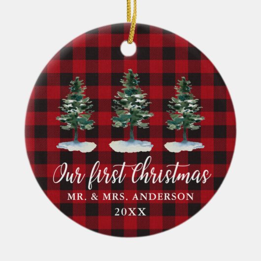 Eerste kerstkalligrafie Waterverf Pines Play Keramisch Ornament (Voorkant)