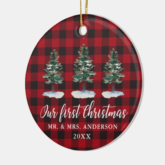 Eerste kerstkalligrafie Waterverf Pines Play Keramisch Ornament (Links)