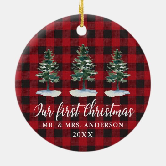 Eerste kerstkalligrafie Waterverf Pines Play Keramisch Ornament (Achterkant)