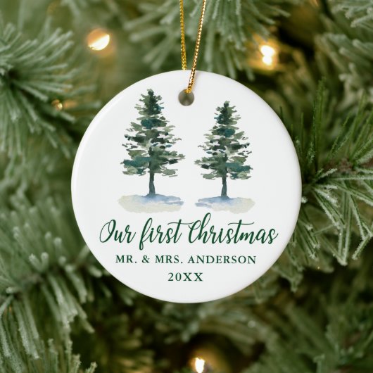 Eerste kerstkalligrafie-Waterverf Twee Pijnen Keramisch Ornament (Boom)