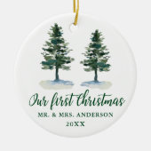 Eerste kerstkalligrafie-Waterverf Twee Pijnen Keramisch Ornament (Voorkant)