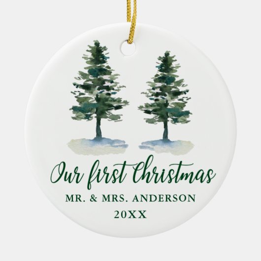 Eerste kerstkalligrafie-Waterverf Twee Pijnen Keramisch Ornament (Voorkant)