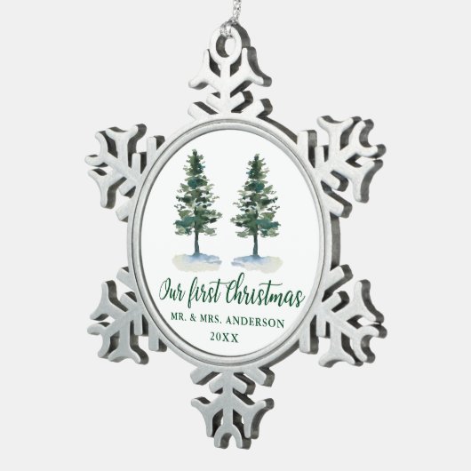 Eerste kerstkalligrafie-Waterverf Twee Pijnen Tin Sneeuwvlok Ornament (Rechts)