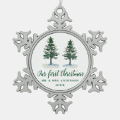 Eerste kerstkalligrafie-Waterverf Twee Pijnen Tin Sneeuwvlok Ornament (Voorkant)