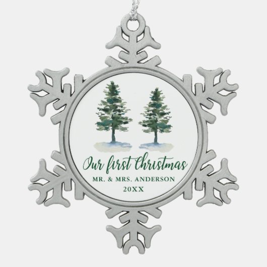 Eerste kerstkalligrafie-Waterverf Twee Pijnen Tin Sneeuwvlok Ornament (Voorkant)