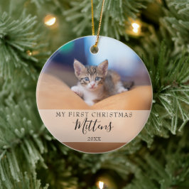 Eerste kerstkat hond huisdier foto elegante script keramisch ornament