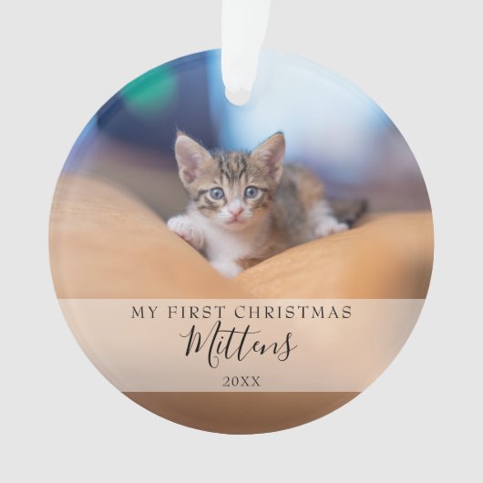 Eerste kerstkat hond huisdier foto moderne script ornament (voorkant)