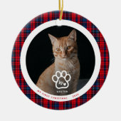 Eerste kerstkatfoto monogram naam tartan keramisch ornament (Voorkant)